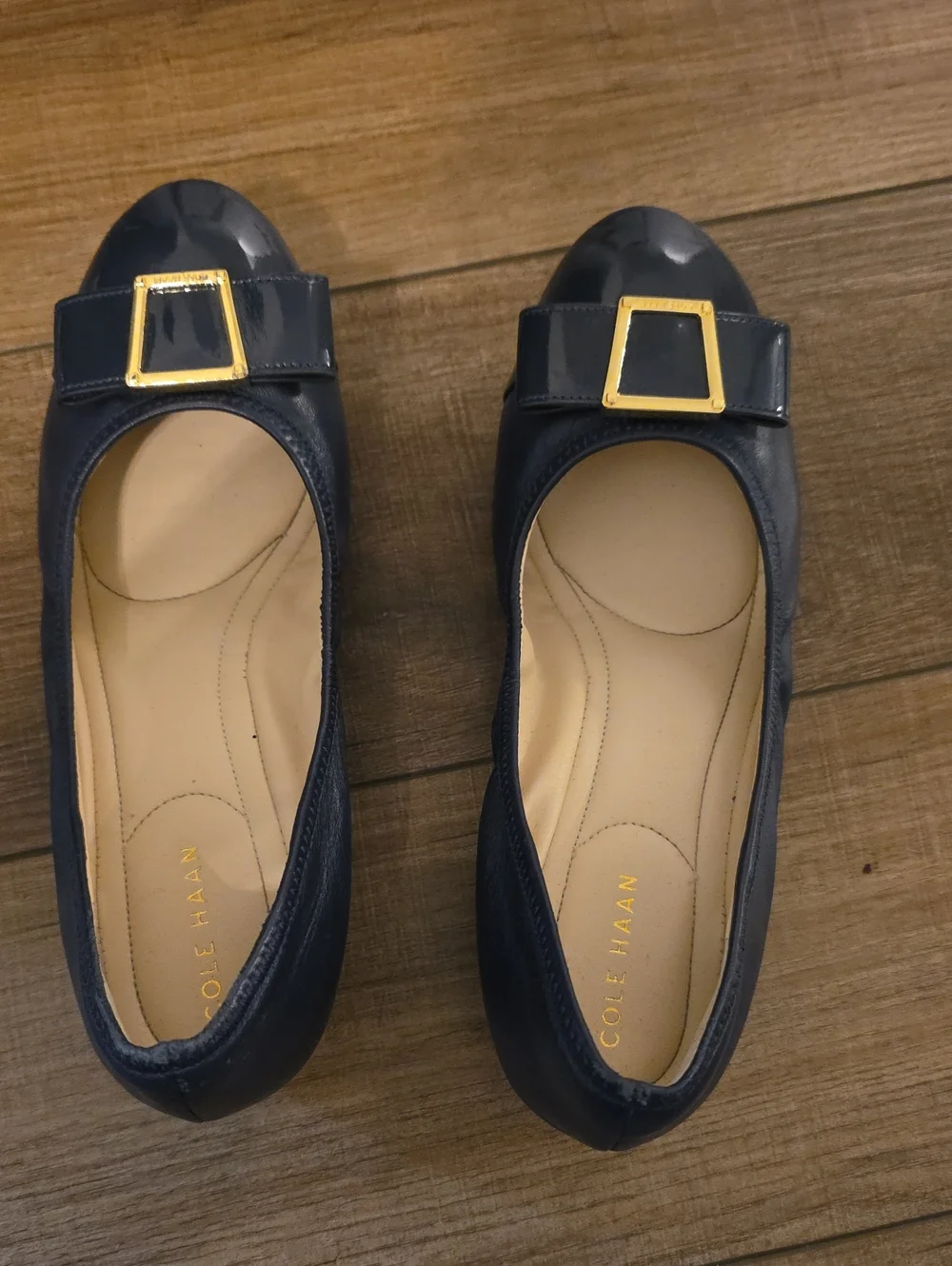 Cole Haan Navy Patent Ballet Flats with Gold Buckle